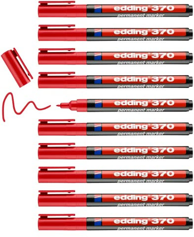 edding 370 - rosso - scatola da 10 - punta fine 1 mm - impermeabile, ad asciugatura rapida - pennarello multiuso, penna universale - per cartone, plastica, legno, metallo, vetro, ciottoli, tela