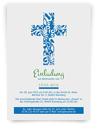 Einladungskarten zur Kommunion (60 Stück) Blumenkreuz Kreuz Blau Kommunionseinladungen