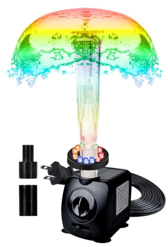 Lewisia Submersible Water Pump with Crystal Mushroom Spray Head, 12 LED Fountain Ring 6' UL Listed Cord Ideal for Bird Bath Aquarium Fountain Pool Garden Pond Fish Tank 8W 145GPH