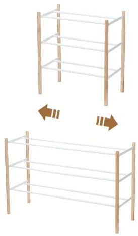 Yamazaki 3518 PLAIN 3-stöckiges ausziehbares Schuhregal, weiß, Stahl/Holz, minimalistisch, 41~70 x 25 x 45.5 cm