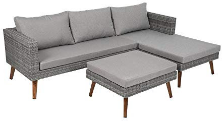 greemotion Garten-Lounge Gomera aus Polyrattan und Aluminium, Lounge-Set für 4 Personen, Gartenmöbel-Lounge bestehend aus 2 Bänken und 1 Hocker, grau