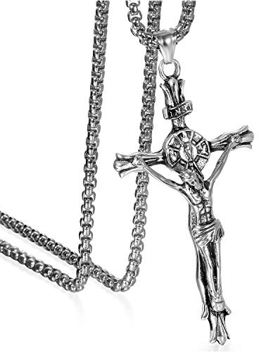 JewelryWe Schmuck Herren Anhänger Halskette Edelstahl großer katholischer Jesus Christus INRI Kruzifix Kreuz Anhänger mit 55cm Venezianer Kette Silber