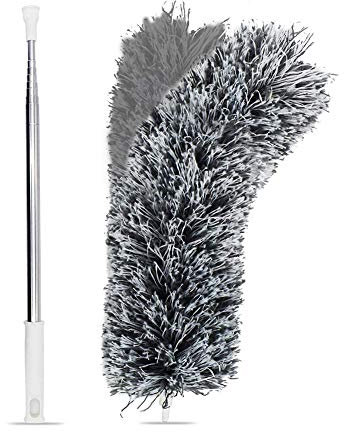 Extendable Feather Duster Long Handle-111 Inch Telescopic Cobweb Dusters(Stainless Steel)，Microfiber Duster with Washable Bendable Head, Hand Duster for Cleaning High Ceiling Fans, Blinds, Cobweb