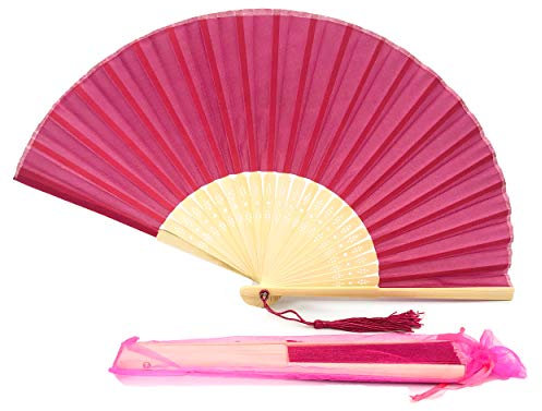 FANSOF.FANS Silk Fabric Fan with a Tassel Grade A Bamboo Ribs Wedding Party Favour Handheld Fan (Deep Pink)