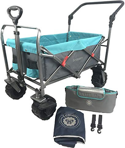 Lemmy Faltbarer Bollerwagen LMY100 Grau+Turkis, Organiser Tasche+Regenschutzhülle, klappbar, Vorderrad-Bremse, PU Reifen (Set1, Grau+Turkis)
