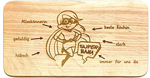 LASERHELD | Brotzeitbrett Holz mit Gravur “Super-Mama” | 22 x 12 cm | Frühstücksbrettchen Holz Schneidebrett Jausenbrett | Geschenk für Frauen Mama Muttertag