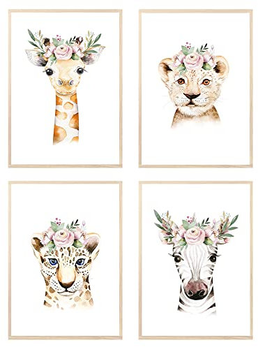 MeinBaby123® Bilder Kinderzimmer | 4er Set DIN A4 Poster Set | Wandbilder | Deko Bilder Kinderzimmer | Babyzimmer Deko | Giraff, Zebra, Löwe, Leopard (Tiere Kopfschmuck - Set 2)