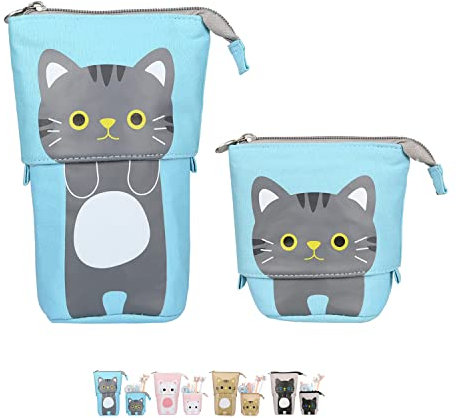 NEWUPZSI Federmäppchen Mädchen Reißverschluss 2-in-1 Cartoon Katze Schlampermäppchen Weihnachten Geschenke für mädchen Kinder Stifteköcher Einziehbares Ständer Bleistifthalter Teenager,Student