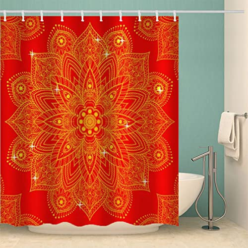 MOXINO Mandala Duschvorhang Anti-Schimmel 180x200 cm Polyester Stoff Textil Waschbar Badvorhang 3D Blumen Boho Retro Motiv Design Shower Curtain Wasserdicht Badezimmer Vorhänge mit 12 Haken