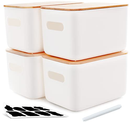 Kerhouze Lot de 4 Boîtes de Rangement avec Couvercle en Bambou - en Plastique - Empilables - Empilables - avec Poignées - pour Cuisine et chambre à Coucher - 25,7 x 17,7 x 15,8 cm - 6,5 l