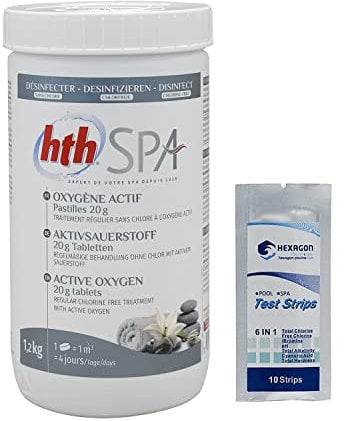 HTH Spa Sauerstoff Aktiv-Tabletten 20 g – 1,2 kg | Regelmäßige Desinfektion ohne Chlor – schnelle Auflösung + 10 HPS-Tests gratis 6 in 1
