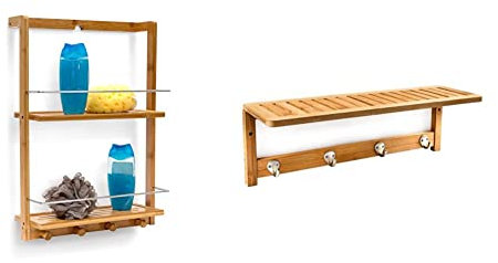 Relaxdays Duschregal aus Bambus ca. 53 x 38 x 15,5 cm, mit 2 Ablageböden, Natur & Wandregal mit Hakenleiste, HBT 18 x 50 x 16 cm, Wandgarderobe mit 4 Haken, Badregal mit Handtuchhalter, Natur