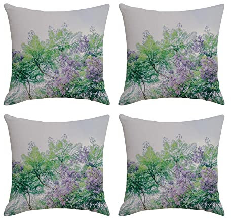 Lieson Sofakissen Bezug 50x50 4er Set, Kissenbezüge Leinen Blätter Blumen Kissenbezug Kissenhülle Dekokissen für Sofa Gartenbett Couch Kissen, Hell Lila Grün