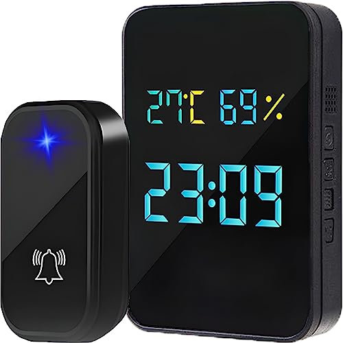 Retoo Funkklingel Aussen Wasserdicht 4 in 1 Multifunktional Türklingel mit Klingel Thermometer Hygrometer und Uhr Klingel Funk Außen 38 Melodien IP44 Batterielose Türklingel Funkklingel Set