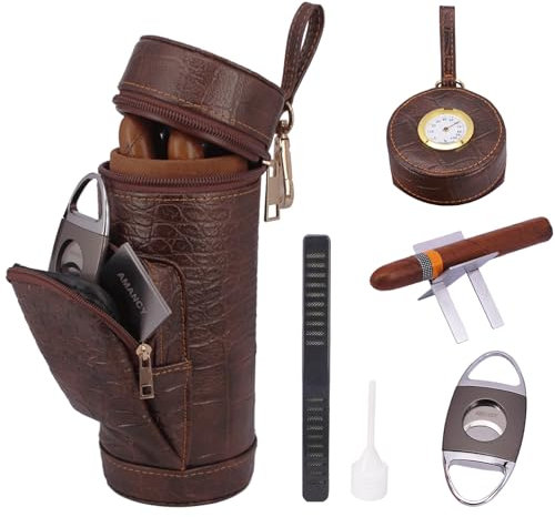 AMANCY Klassisches, zylindrisches Hand-Zigarrenetui mit Premiumschneider und Ablage, Zedernholz ausgekleideter Reise-Zigarrenhalter, Humidor-Set mit integriertem Hygrometer, langem Luftbefeuchter und