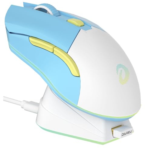 DAREU Blau Kabellose Gaming Maus mit Magnetic Ladestation Wiederaufladbar RGB, 12K DPI, 6 Programmierbare Tasten Hochpräziser Sensor 300IPS 1000 Hz für PC Notebook Mac