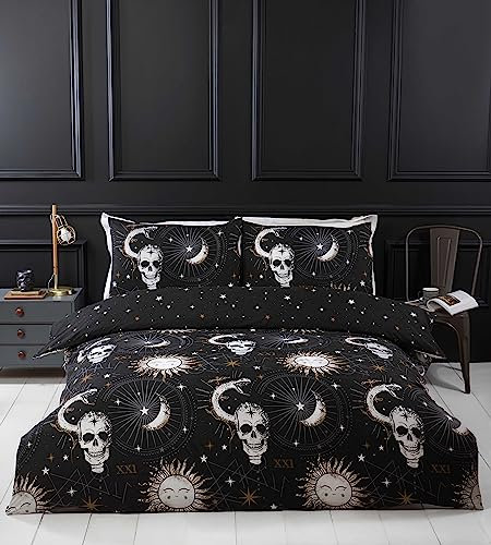 Rapport Home Tarot-Bettwäsche-Set aus Mikrofaser, für Einzelbett, Totenköpfe und Sternar, Schwarz