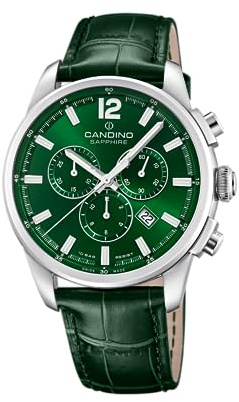 Candino Swiss Herrenuhr Analog aus Edelstahl und Leder Grün | Chronograph, Kalender, Widerstandsfähiges Saphirglas, Wasserdicht 10 ATM Elegant C4745/3 Gents Chrono Timeless