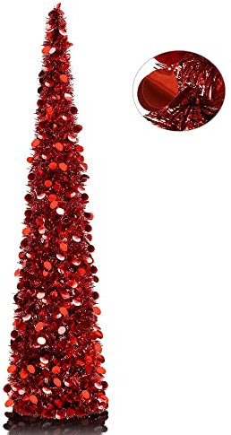 NAMUlA 5'Roter Lametta Pop-Up Künstlicher Weihnachtsbaum, zusammenklappbarer Bleistift-Weihnachtsbaum mit Pailletten-Akzenten für den Weihnachtsbaum (Tiefrot) Fashionable