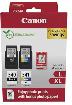Canon Tintenpatronen & Papier-Multipack - PG-540L/CL-541XL Original Druckerpatronen mit hoher Reichweite 2er Pack (1 x Schwarz, 1 x Farbe) & 4x6 Fotopapier (50 Blatt)