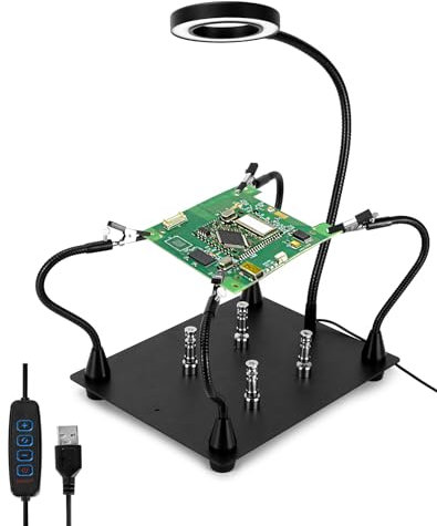 QWORK® Dritte Hand Löten, mit 6X LED Lupenlampe, 4 Löthilfe Helfende Arme, 4 PCB-Säulen