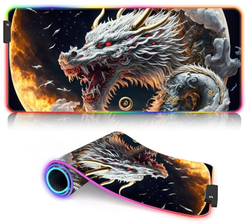 Tapis de Souris de Jeu Dragon XXL RGB sous Main LED Oversize Tapis de Souris XXL LED Multicolore 14 Modes d'éclairage 7 Couleurs LED Plus 4 Modes d'effet Lavable 40x90cm