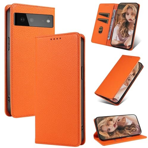 Beajew Coque pour Google Pixel 6 Housse en Cuir, Etui Premium en Cuir PU, Antichoc TPU Housse, Fonction StandPorte Carte Credit Ticket, Fermeture Magnétique Flip Case -Orange
