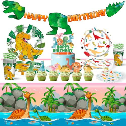 NYSLDSCO 98 Pezzi Decorazioni Dinosauro Compleanno, Kit Stoviglie Compleanno Dinosauro, Festa di primo compleanno dei ragazzi e dei bambini, adatto a 10 ospiti(01-KONGLONG A2)