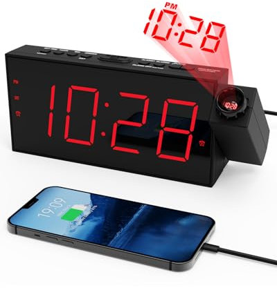 Projektionswecker für Schlafzimmer, digitaler wecker mit großer 7 LED-Anzeige, Dimmer, 350° Projektor, 12/24H, Snooze, Batteriebetriebene Uhr für Kinder Senioren Schlafzimmer Reisen Nachttisch