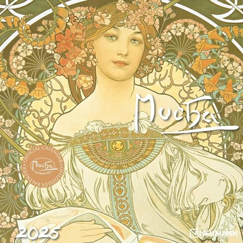 N NEUMANNVERLAGE - Mucha 2025 Broschürenkalender, 30x30cm, Wandkalender mit Abbildungen von Alfons Mucha, Mondphasen, viel Platz für Notizen und internationale Feiertage/Kalendarium