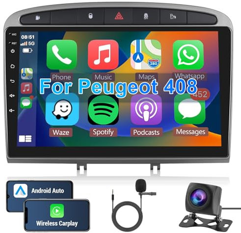 Hodozzy Android Autoradio pour Peugeot 308 408 2007-2015 Voiture Radio Carplay sans Fil Android Auto, 32G 9 Pouces Écran Tactile Bluetooth HiFi GPS WiFi FM RDS Caméra 2 Din Écran pour Peugeot 408