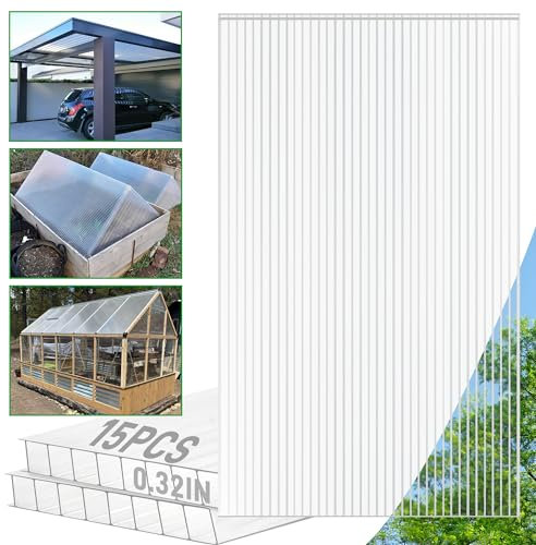 Sinimaka 15 Stück Polycarbonat-Gewächshausplatten, 122 x 60 x 0,8 cm, doppelwandige Polycarbonat-Platten, Allwetter-transparente Dachplatten, Gewächshaus-Ersatzplatten