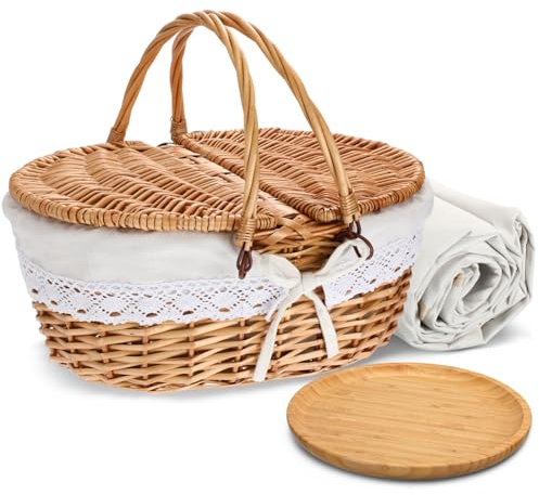 Gandeer Picknickkorb mit Decken und Bambusplatten Picknickzubehör Set Korb mit Deckel und Griff Weide Picknickkorb Stabiler gewebter Körper mit waschbarem Futter für Camping (Weiß)