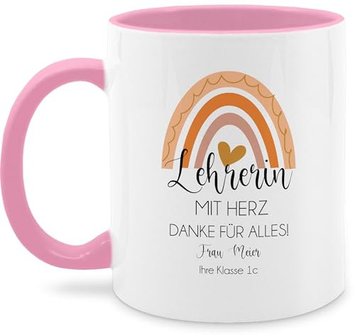 Tasse Tassen 325ml - Geschenke zum Abschied Lehrerin mit Herz mit Name und Regenbogen | Geschenk Lehrerinnen Abschiedsgeschenk Dankeschön - 325 ml - Rosa - für gift teacher lehrerinen danke