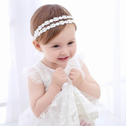 Baby Mädchen Stirnbänder Weiß Dehnbare Stirnband DoppelspitzeSpitzebowknot-Haarband Weich Baby Hairband Nylon Neugeboren Haarschmuck Babygeschenke für Neugeborene(Perlenstrasssteine)