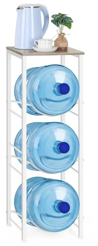 5 Gallon Water Bottle Holder Storage Rack, Water Cooler Jug Holder with Storage Shelves, 3-Tier Water Dispenser Stand for Kitchen Living Room Office, Rustic Grey