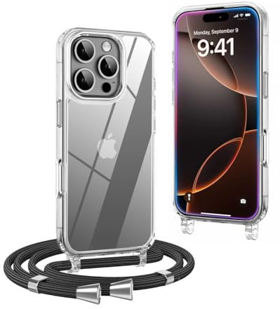 OLEPHY Crossbody Lanyard Case Compatible with iPhone 16 Pro with Strap, Necklace Mobile Phone Cover with Adjustable and Removable Neck Strap, Transparent Shockproof Protective Case, Black