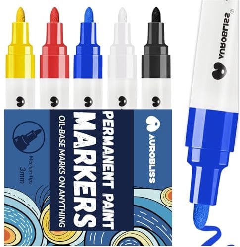 Aurobliss Pennarelli indelebili, a base di olio, impermeabili, punta a proiettile, media 2-3 mm, per metallo, plastica, vetro, legno, tessuto, pietre e pittura all'aperto (5 Multicolore)