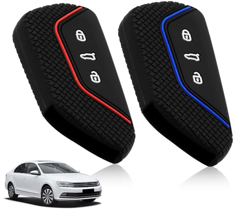 Duluok 2 Stück Autoschlüssel Hülle für VW Auto Schlüssel 3 Tasten | kompatibel mit VW Golf 8 D.3 ID.4, SEAT, Skoda, Cupra, Silikon Cover Schlüsselhülle Etui Schutzhülle Schwarz Rot Schwarz Blau