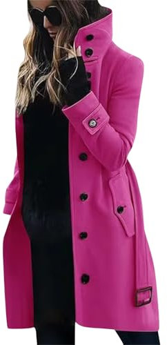 Tomwell Femme Manteau Jacket Bouton Revers Veste Chaud Trenchcoat Manches Longues Cardigan Blazer Manteau OL Vintage Couleur Unie Trench Coat Jacket A Rose Rouge S