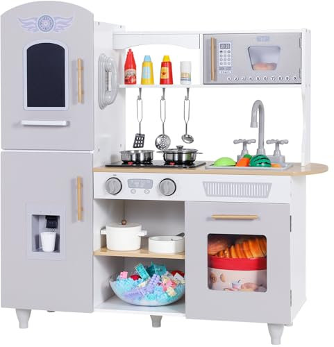 MAMIZO Kinderküche für Kinder, Puppenküche Holz, Spielküche mit Licht und Sound, Spielzeugküche mit Telefon und Eismaschine, Rollenspielküche, Küchenchef-Spielset, 79x82x30 cm, Grau