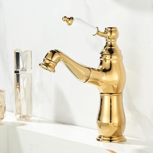 XSDSM Wasserhahn Bad Ausziehbar lm Retro-Stil, Waschtischarmatur, Einhand-Warm- und Kaltwasserhahn,Gold+Weiß