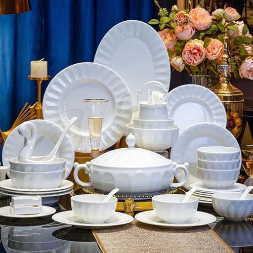 NNYCC 56 Piece Plates and Bowls Sets Dinner Set for 4 3dhand Embossed Shapes New Generation Bone China Crockery Set with Plates and Bowls Set