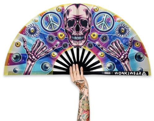 WONKIWEAR Fan, Folding Handheld, Silky Fabric, Peace Skeleton Graphics, Large Strong Black Bamboo. Unisex for Rave, Festival, Concert, Drag, Gay Pride (Skeleton Silky, Large)