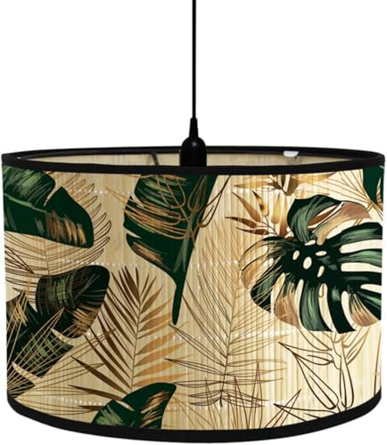 FANSU Abat-Jour en Bambou Classique Imprimé Animal et Végétal Tambour Abat-jour, Remplacement Abat, Jour Fait à la Main, pour Lampe de Table,Suspension,Lampe de Chevet,Lampadaire (Vert doré)
