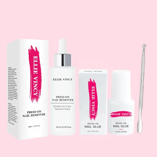 Ellie Vincy Kit de soin des ongles 3 en 1 | Colle à ongles au pinceau, dissolvant et repousse-cuticules pour ongles en acrylique | Tenue facile et forte