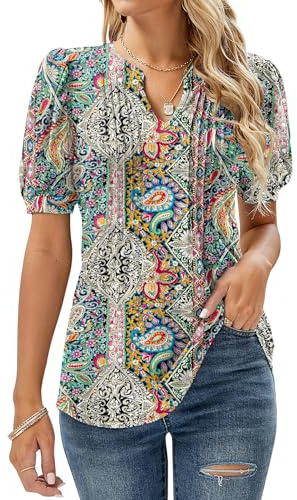 EFFAN Women Tops Short Sleeve Tunic Summer T Shirts Ladies Top V Neck Elegant Floaty Floral Printed My Orders Blouse Boho Blue S (UK 8-10)