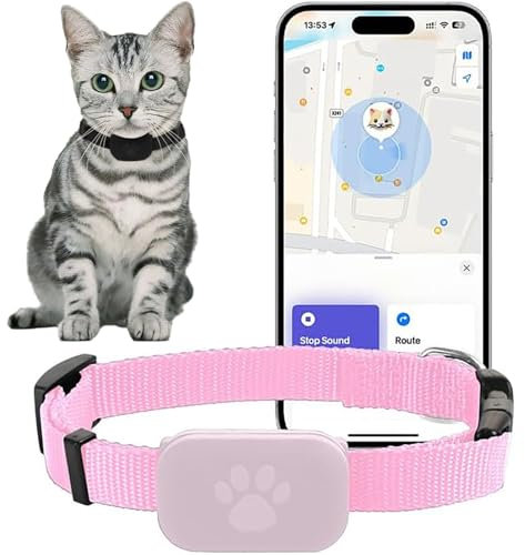 Chat Tracker,Collier GPS Chat,Traceur GPS Chat,pour Compatible avec iOS/Android Localisation en Temps RéEl, éTanche, Batterie Longue DuréE (Rose)