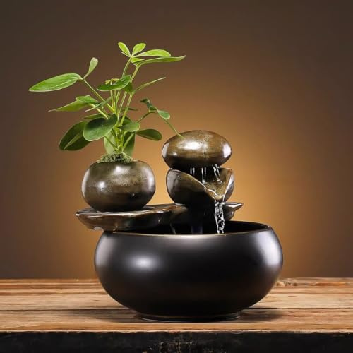 Ceramic Tabletop Fountain with Stone Water Feature – Black Gloss Tabletop Fountain with Natural Design, Quiet Desktop Decor for Home & Office Relaxation
