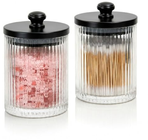 Mason & Fable Ribbed Glass Bathroom Jars | Set of 2 Farmhouse Style Storage Canister with Airtight Black Wooden Lids | Cotton Pad/Swab/Q tip Holder/Bath Salt/Clear Vanity